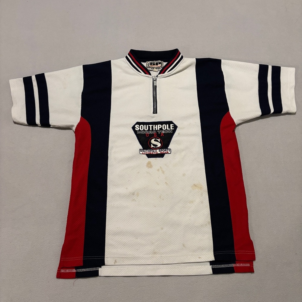 Southpole Sport Gear Jersey Medium‎ White 1/4 Quarter Zip Stained Short Sleeves